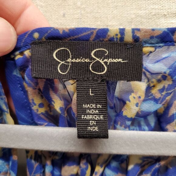 Jessica Simpson Blue Printed Flutter Ruffle Sleeve Blouse  Size L - Picture 2 of 6